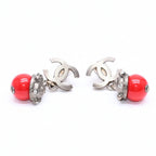 Chanel Earrings CC Logo Red Stone Rhinestone 05 Seashell