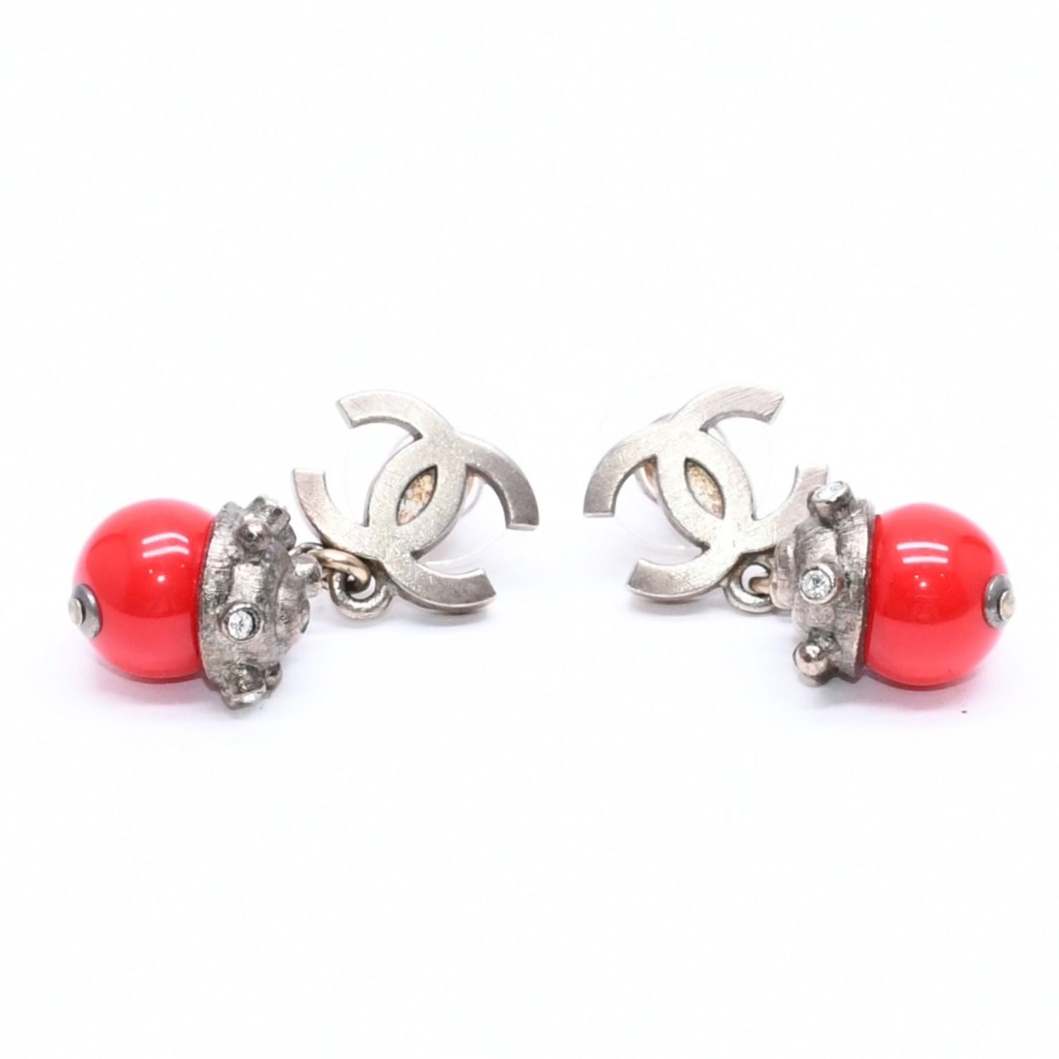 Chanel Earrings CC Logo Red Stone Rhinestone 05 Seashell