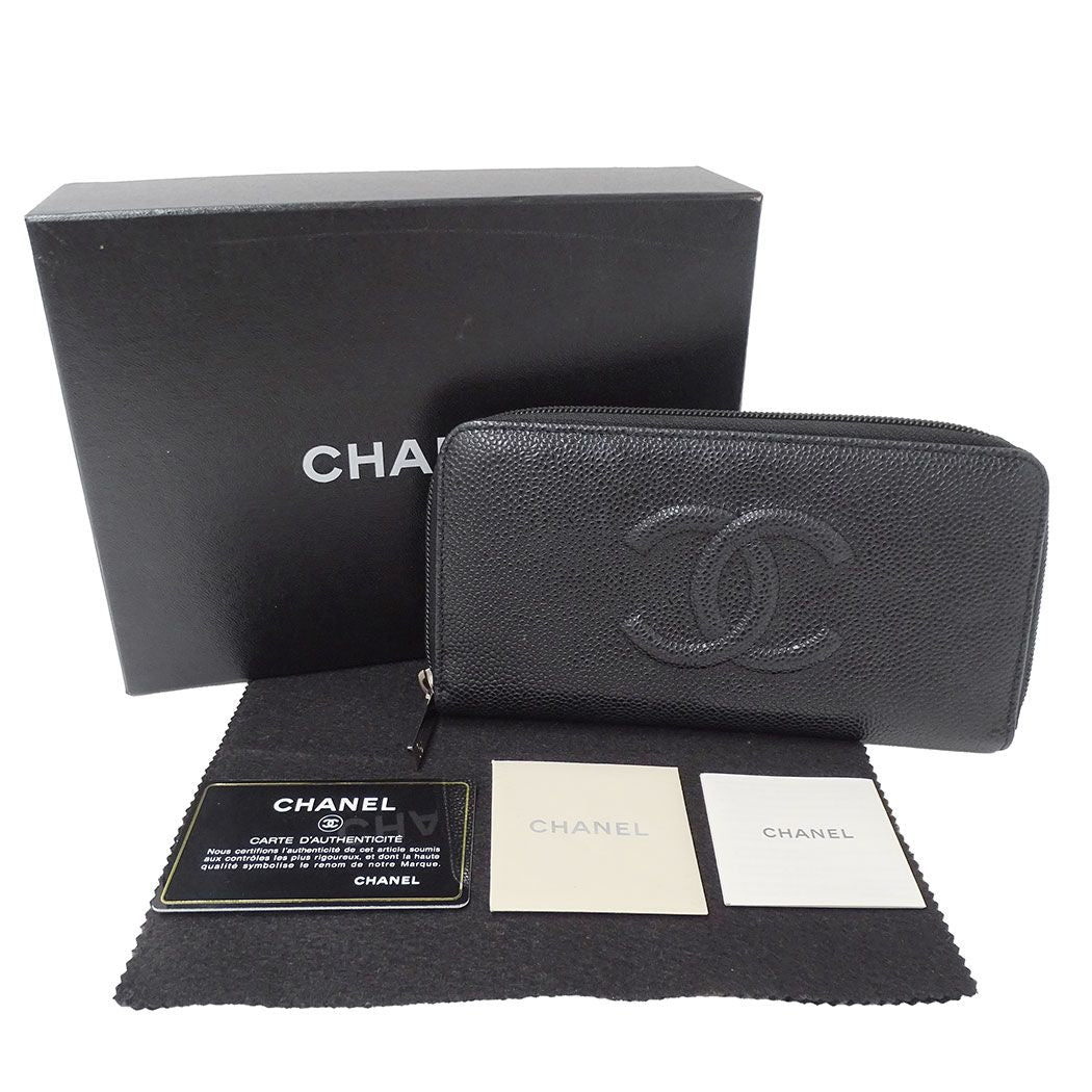 Chanel Wallet Caviar Leather Black Silver Zip Around Logo Adult — view 5