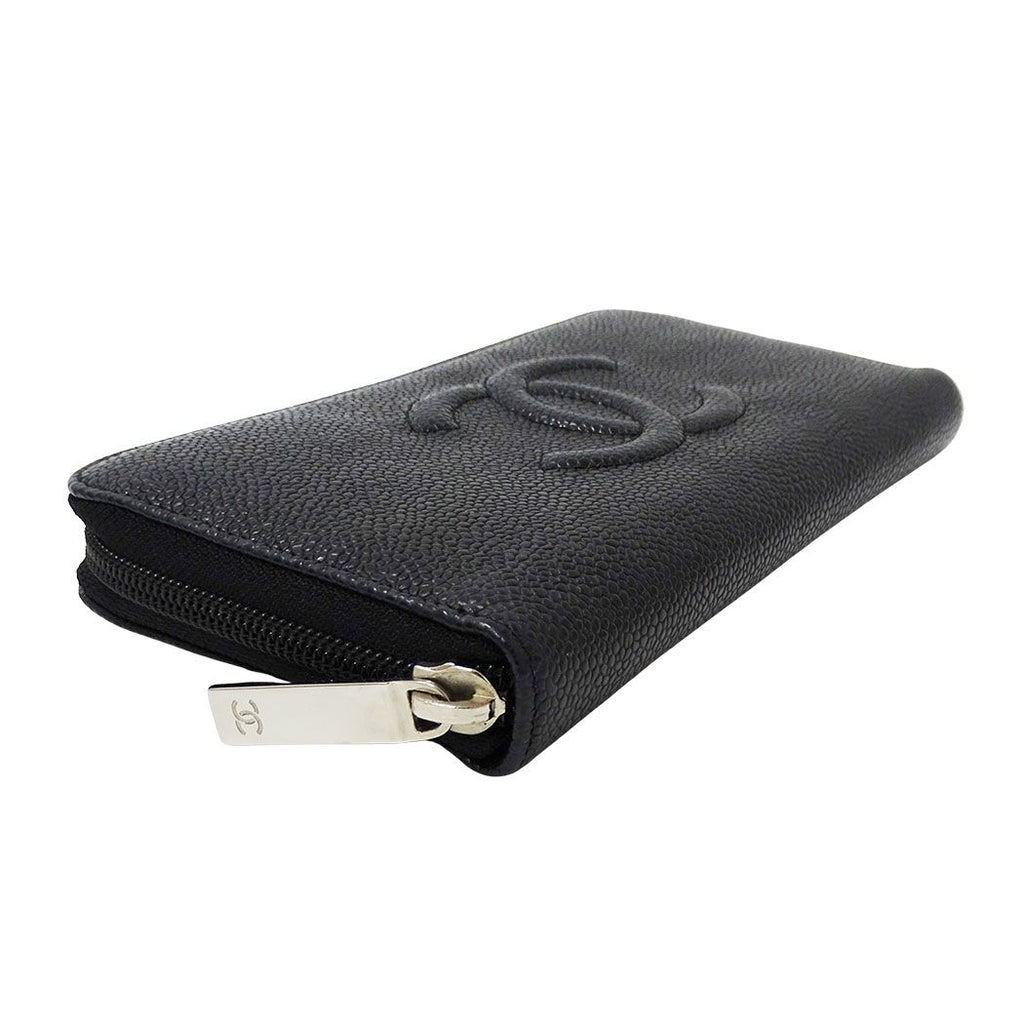 Chanel Wallet Caviar Leather Black Silver Zip Around Logo Adult — view 3
