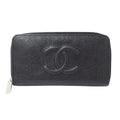 Chanel Wallet Caviar Leather Black Silver Zip Around Logo Adult
