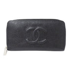 Chanel Wallet Caviar Leather Black Silver Zip Around Logo Adult