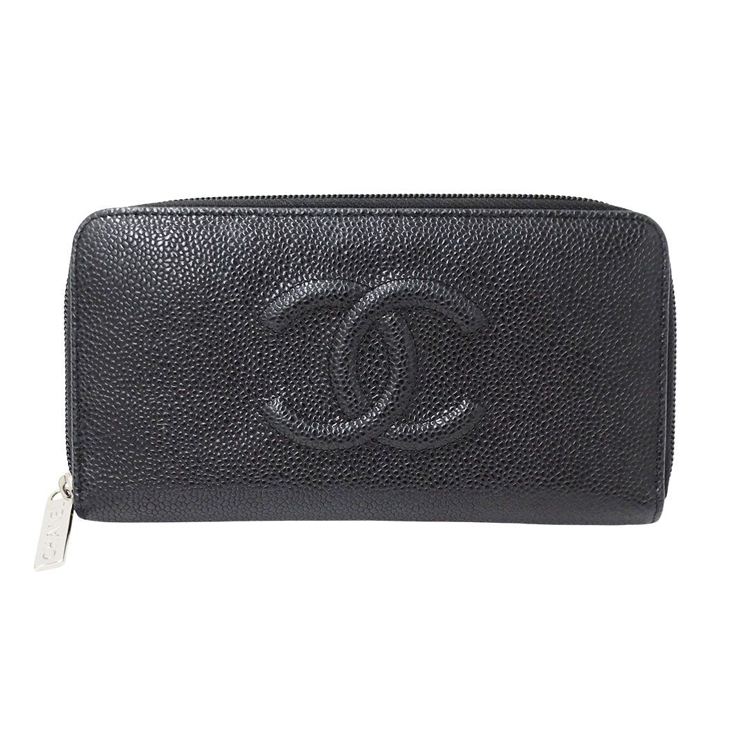 Chanel Wallet Caviar Leather Black Silver Zip Around Logo Adult