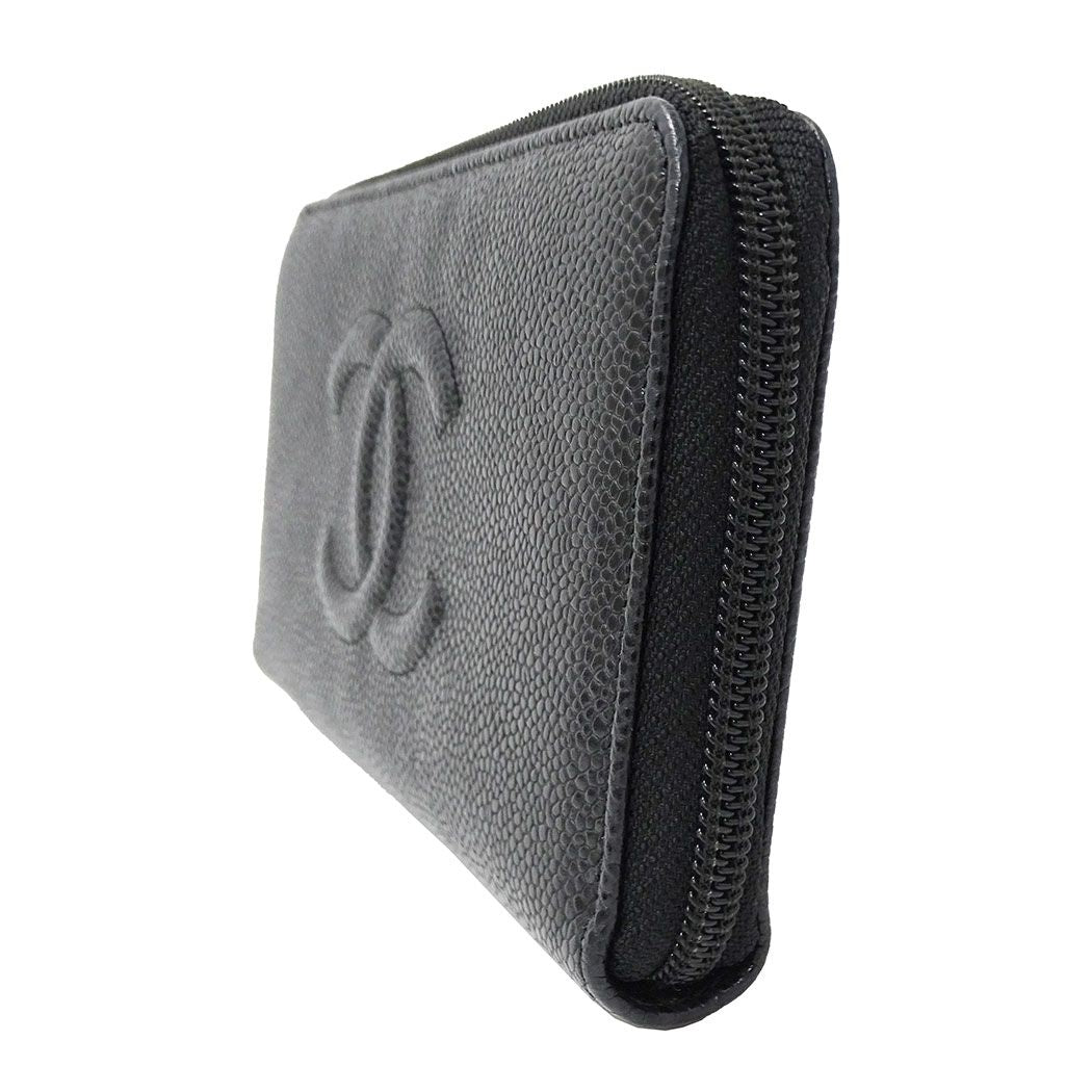 Chanel Wallet Caviar Leather Black Silver Zip Around Logo Adult — view 4