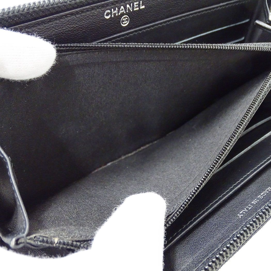 Chanel Wallet Caviar Leather Black Silver Zip Around Logo Adult — view 8