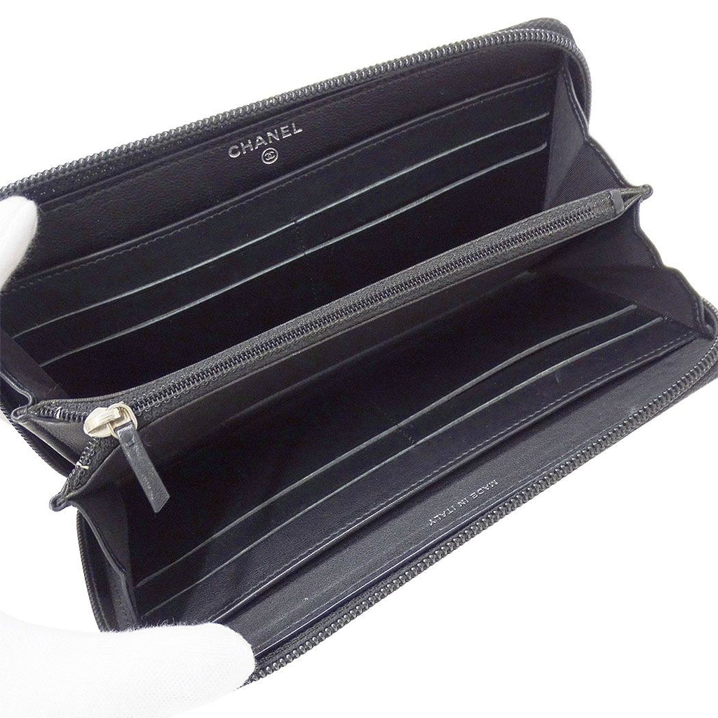 Chanel Wallet Caviar Leather Black Silver Zip Around Logo Adult — view 7