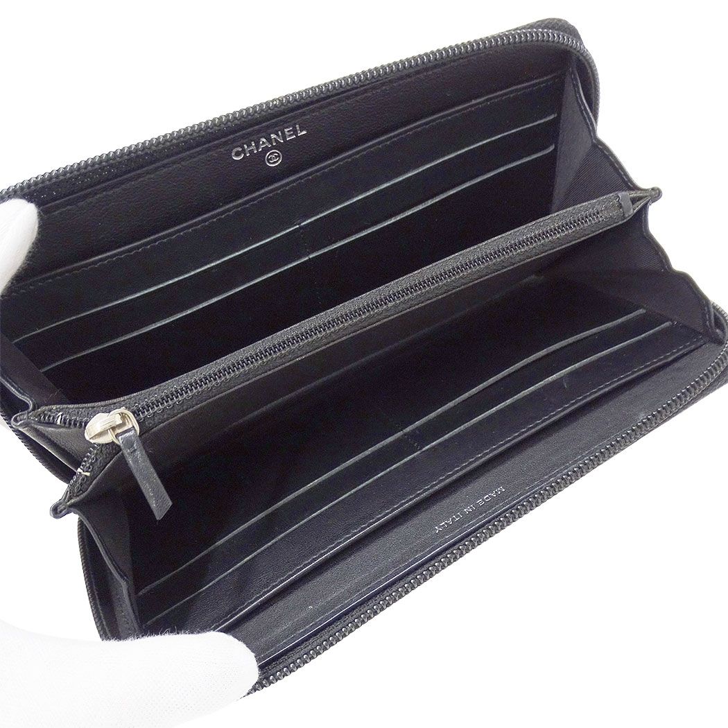 Chanel Wallet Caviar Leather Black Silver Zip Around Logo Adult — view 7