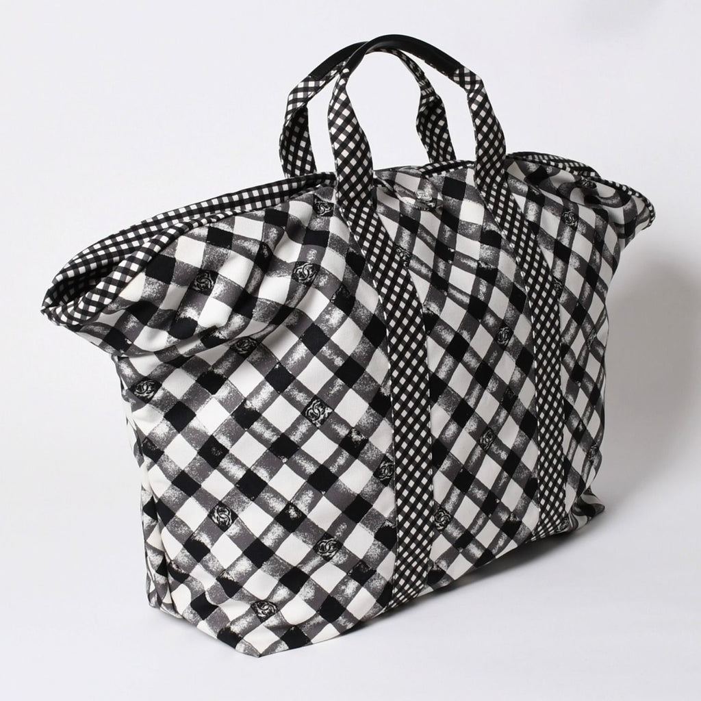 Chanel Cruise Line Gingham Check Tote Boston Bag White Black CC Logo Silver — view 3