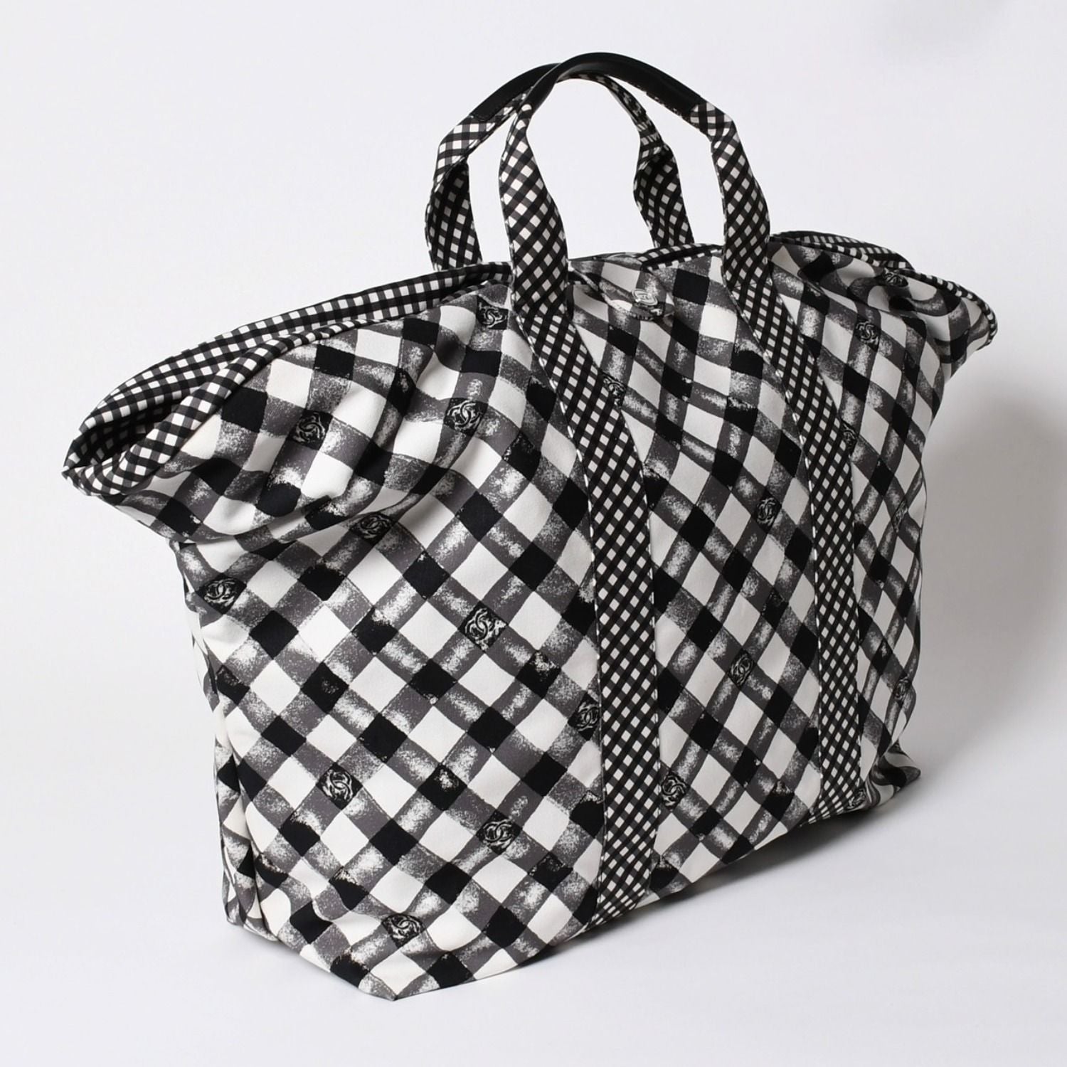 Chanel Cruise Line Gingham Check Tote Boston Bag White Black CC Logo Silver — view 3