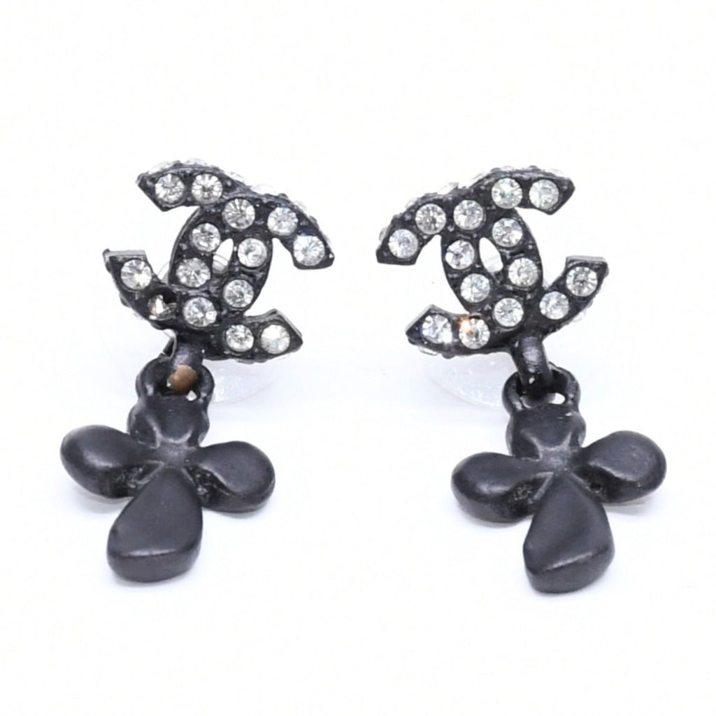 Chanel CC Logo Drop Earrings 01 Metal Rhinestone Black Clear