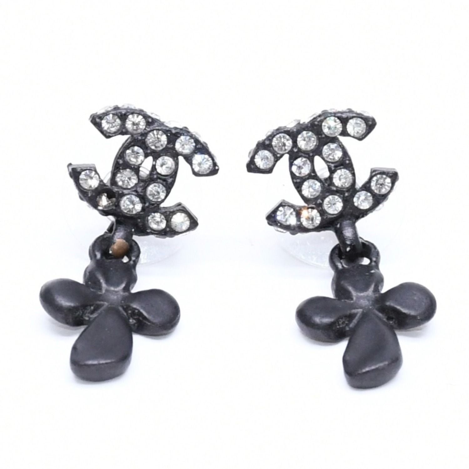 Chanel CC Logo Drop Earrings 01 Metal Rhinestone Black Clear