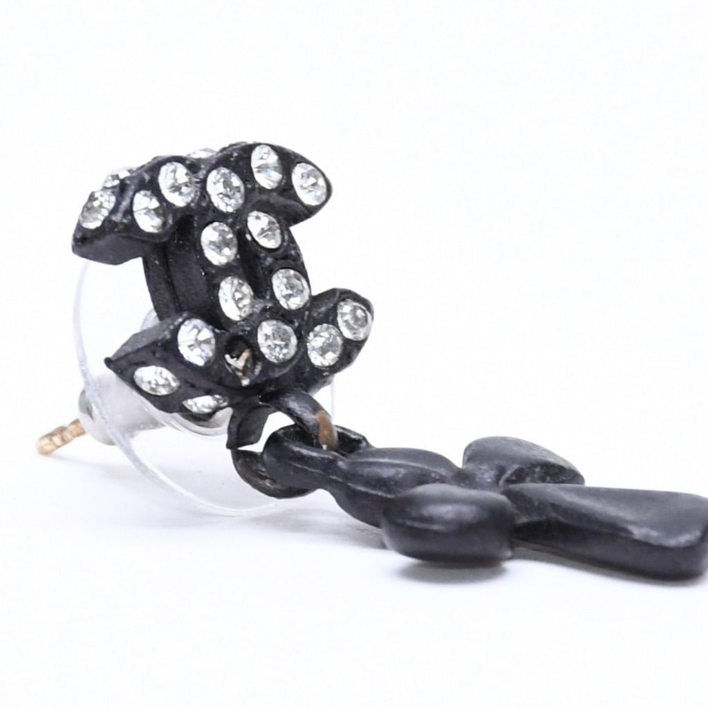 Chanel CC Logo Drop Earrings 01 Metal Rhinestone Black Clear — view 3