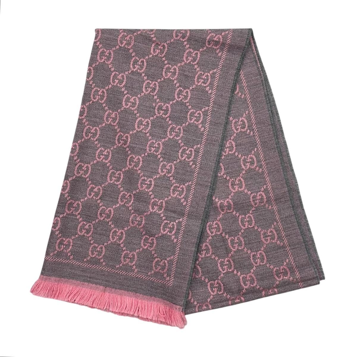 Gucci Scarf GG Wool Pattern Logo Rose Pink Gray