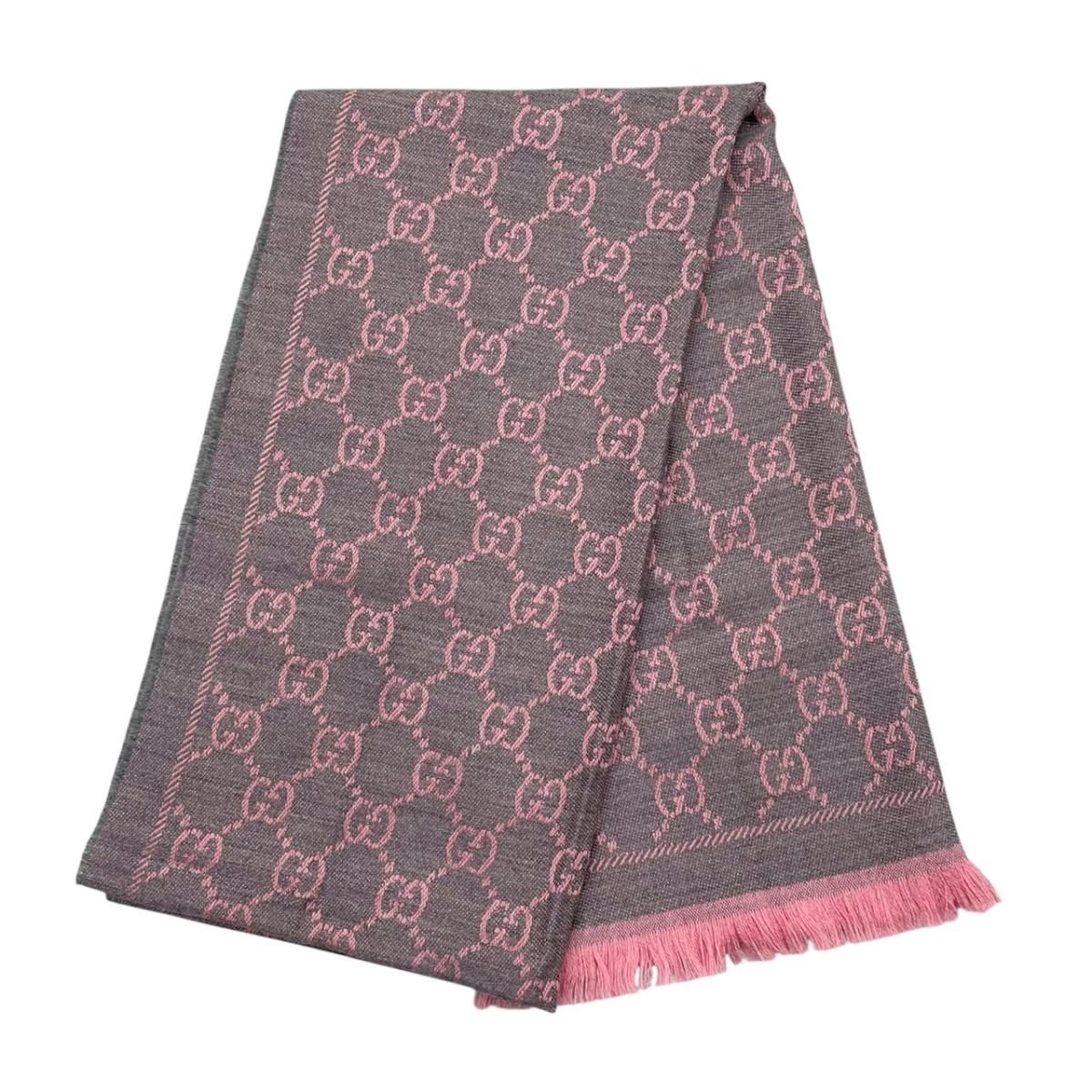 Gucci Scarf GG Wool Pattern Logo Rose Pink Gray — view 2
