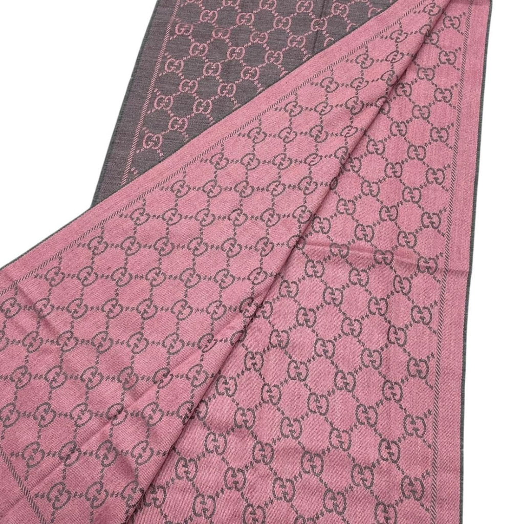 Gucci Scarf GG Wool Pattern Logo Rose Pink Gray — view 6
