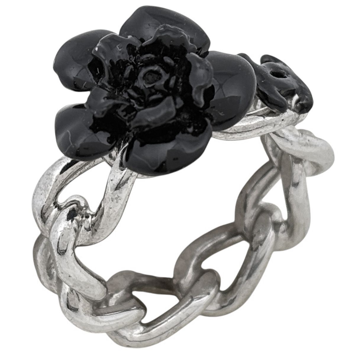Chanel Ring CC Logo Camellia Silver Plated Black