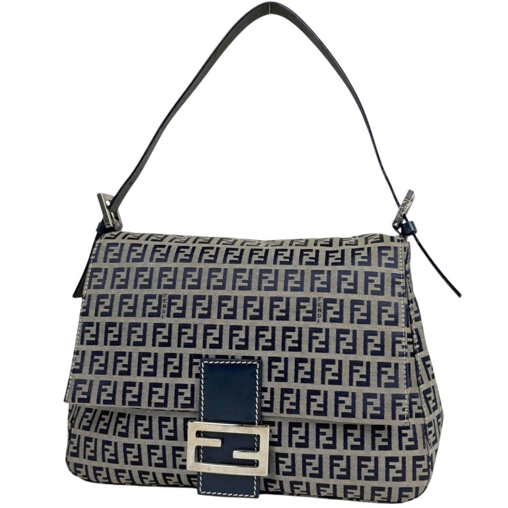 Fendi Shoulder Bag Zucchino Pattern Mamma Bucket Canvas Navy