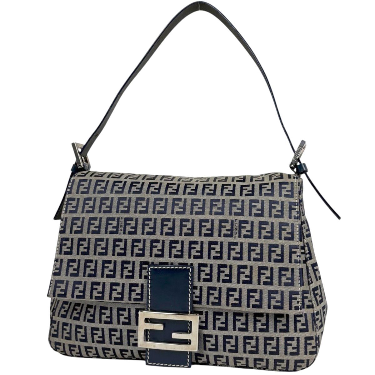 Fendi Shoulder Bag Zucchino Pattern Mamma Bucket Canvas Navy