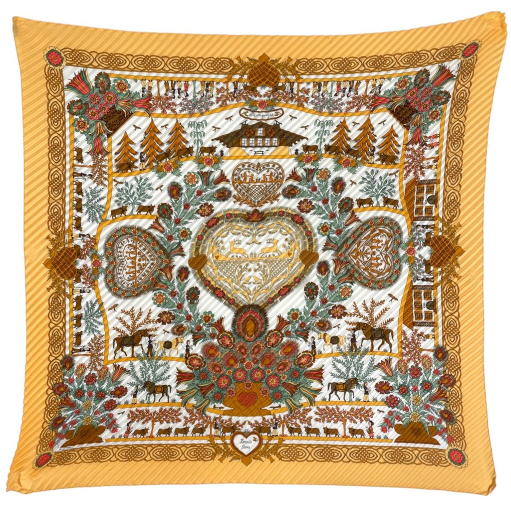 Hermes Carre 90 Decoupages Scarf Paper Cutting Pleats Silk Yellow Multicolor