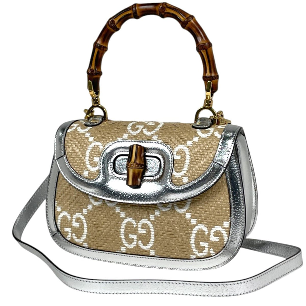 Gucci Handbag Bamboo 2-Way Enamel Raffia Beige Silver