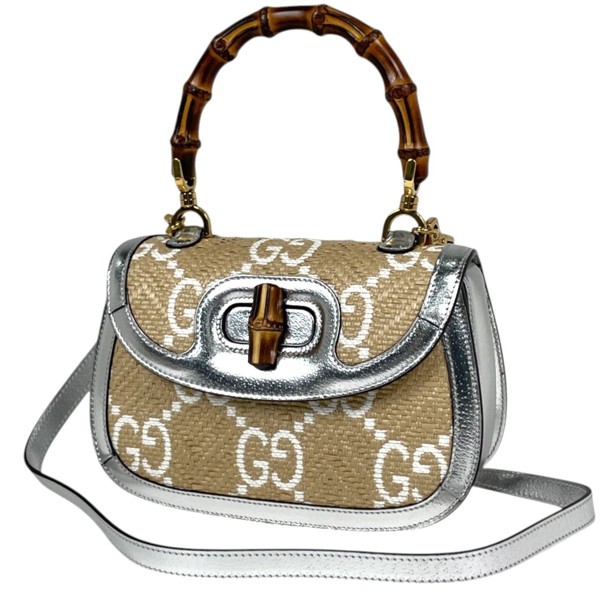 Gucci Handbag Bamboo 2-Way Enamel Raffia Beige Silver