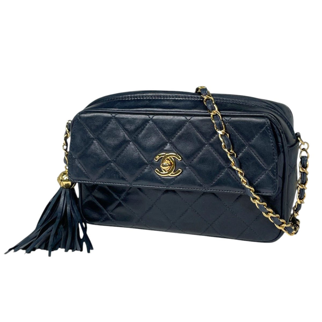 Chanel Shoulder Bag CC Logo Fringe Leather Navy