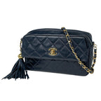 Chanel Shoulder Bag CC Logo Fringe Leather Navy