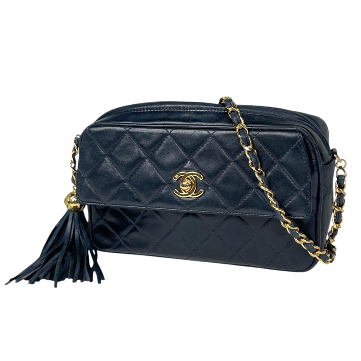 Chanel Shoulder Bag CC Logo Fringe Leather Navy