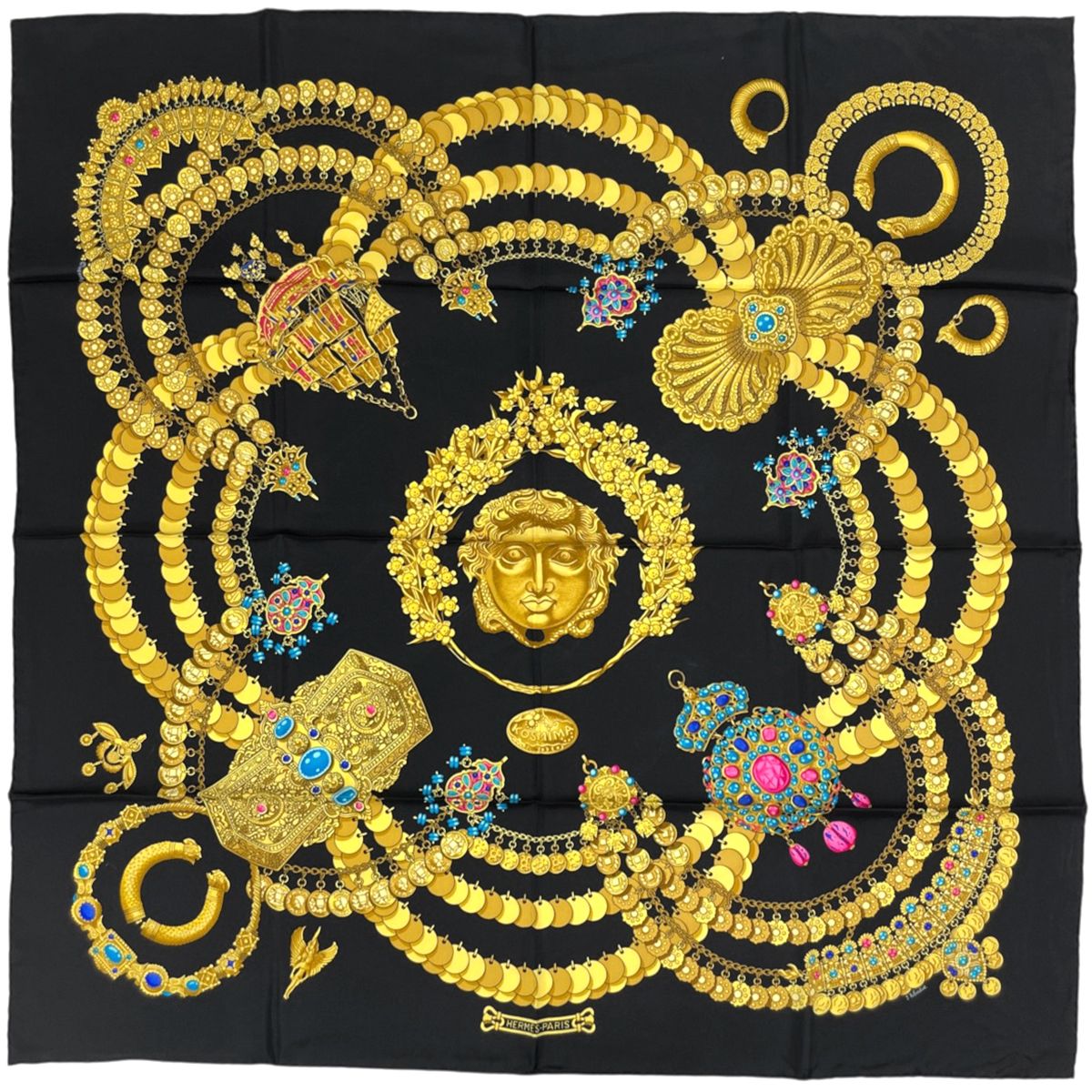 Hermes Carre 90 Kosmima Scarf Space Silk Black Gold