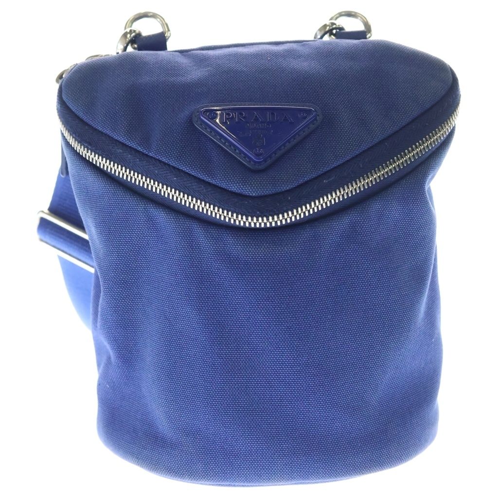 Prada Canapa Triangle Logo Mini Shoulder Bag Blue Canvas Silver