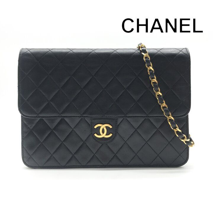 Chanel CC Logo Lambskin Leather Chain Shoulder Bag Black Push Lock