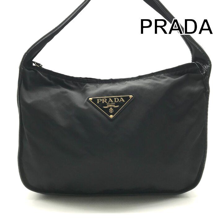 Prada Shoulder Bag Gold Nylon Tessuto Triangle Logo Black