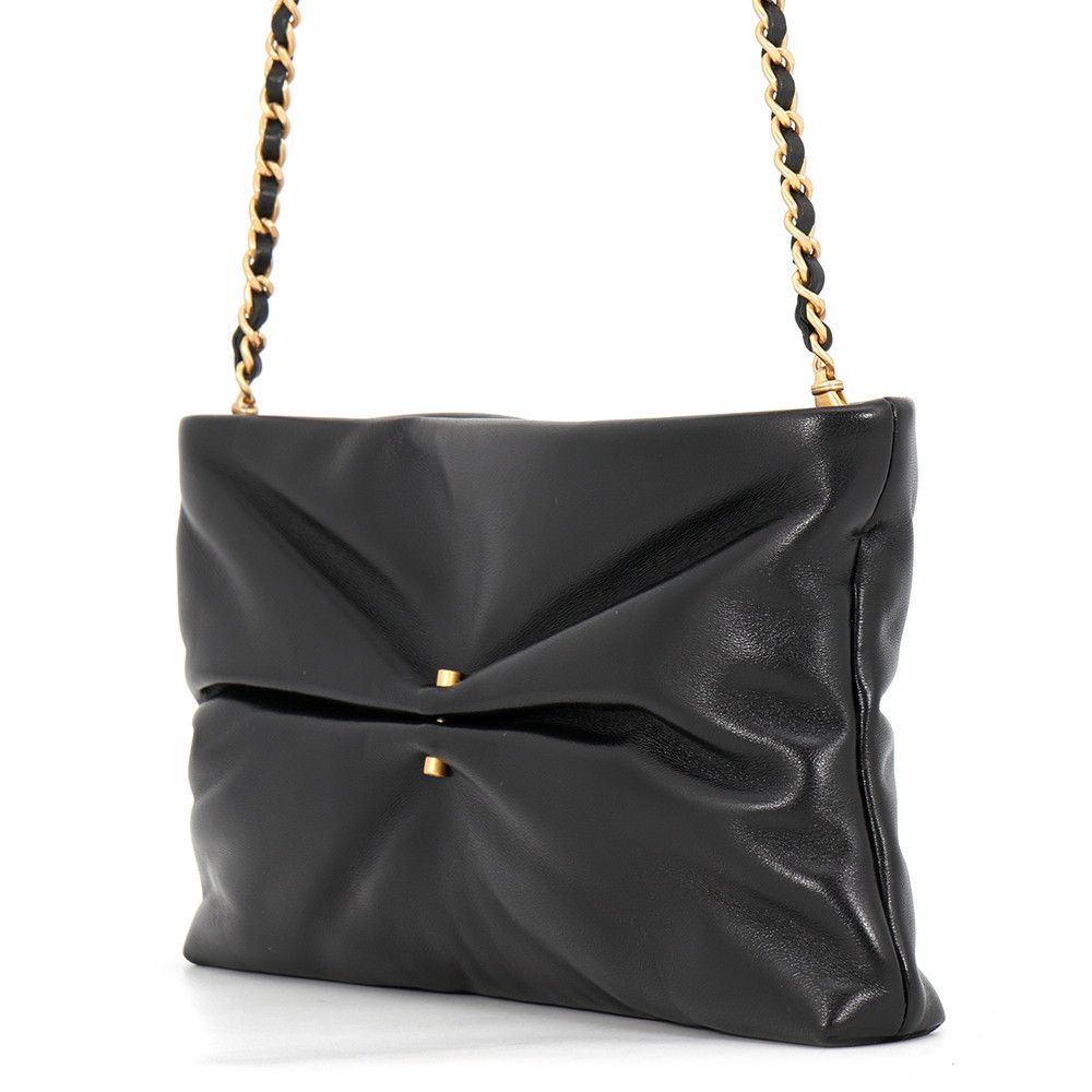 Chanel Chain Shoulder Bag CC Logo Clutch Faux Pearl Shiny Lambskin 2-Way Black — view 2
