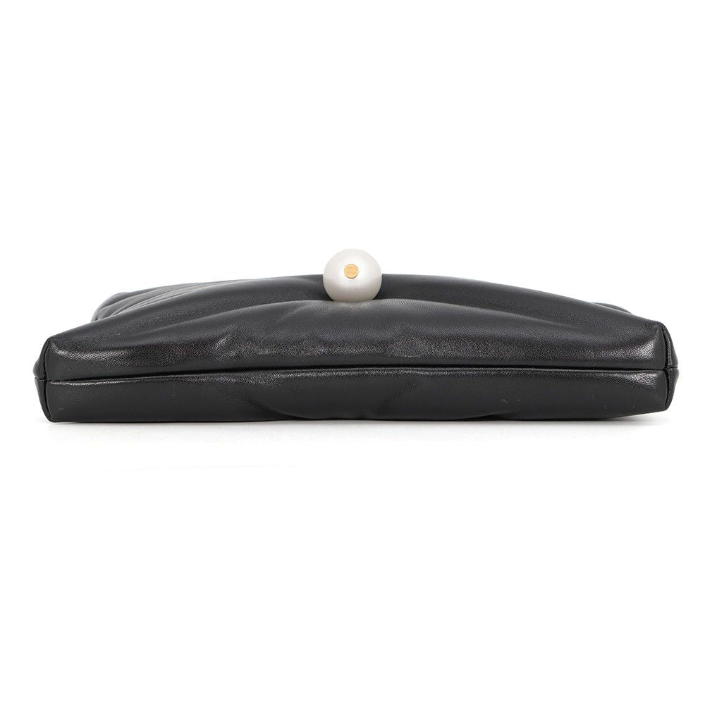Chanel Chain Shoulder Bag CC Logo Clutch Faux Pearl Shiny Lambskin 2-Way Black — view 3