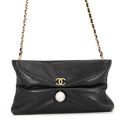Chanel Chain Shoulder Bag CC Logo Clutch Faux Pearl Shiny Lambskin 2-Way Black