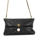 Chanel Chain Shoulder Bag CC Logo Clutch Faux Pearl Shiny Lambskin 2-Way Black