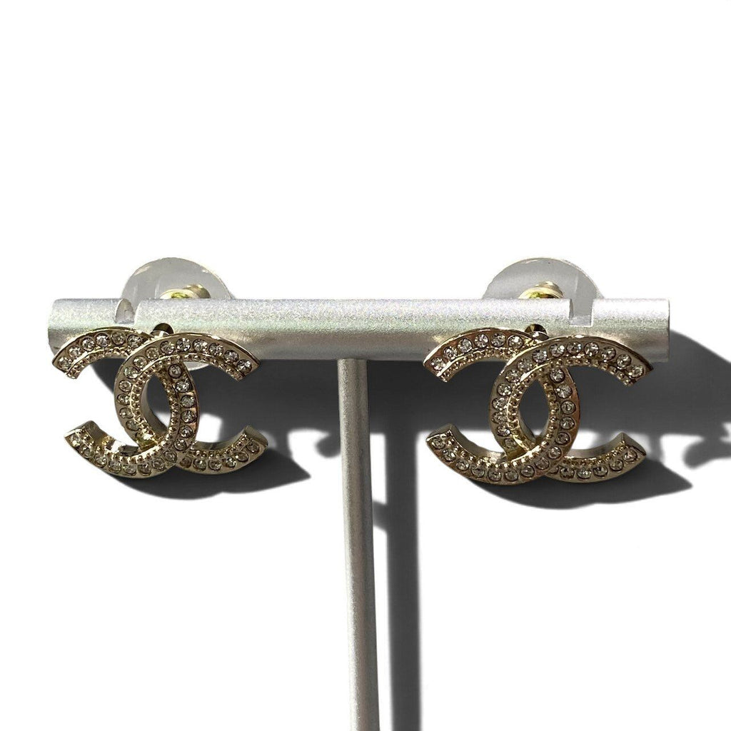 Chanel H2 CC Logo Rhinestone Earrings Gold — view 4