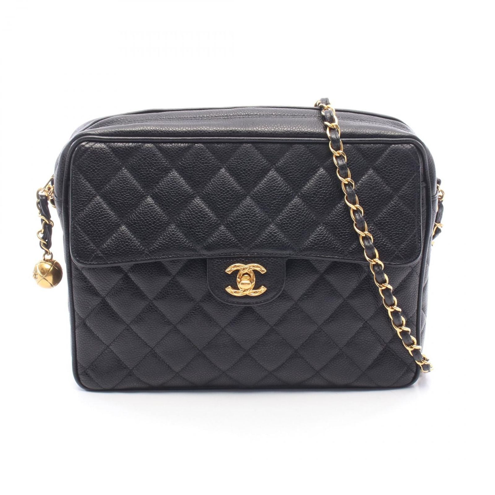 Chanel Shoulder Bag Quilted Coco Ball Black Caviar Leather Chain