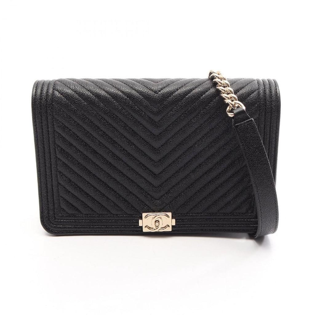 Chanel Shoulder Bag Stitch Black Caviar Leather Chain Wallet
