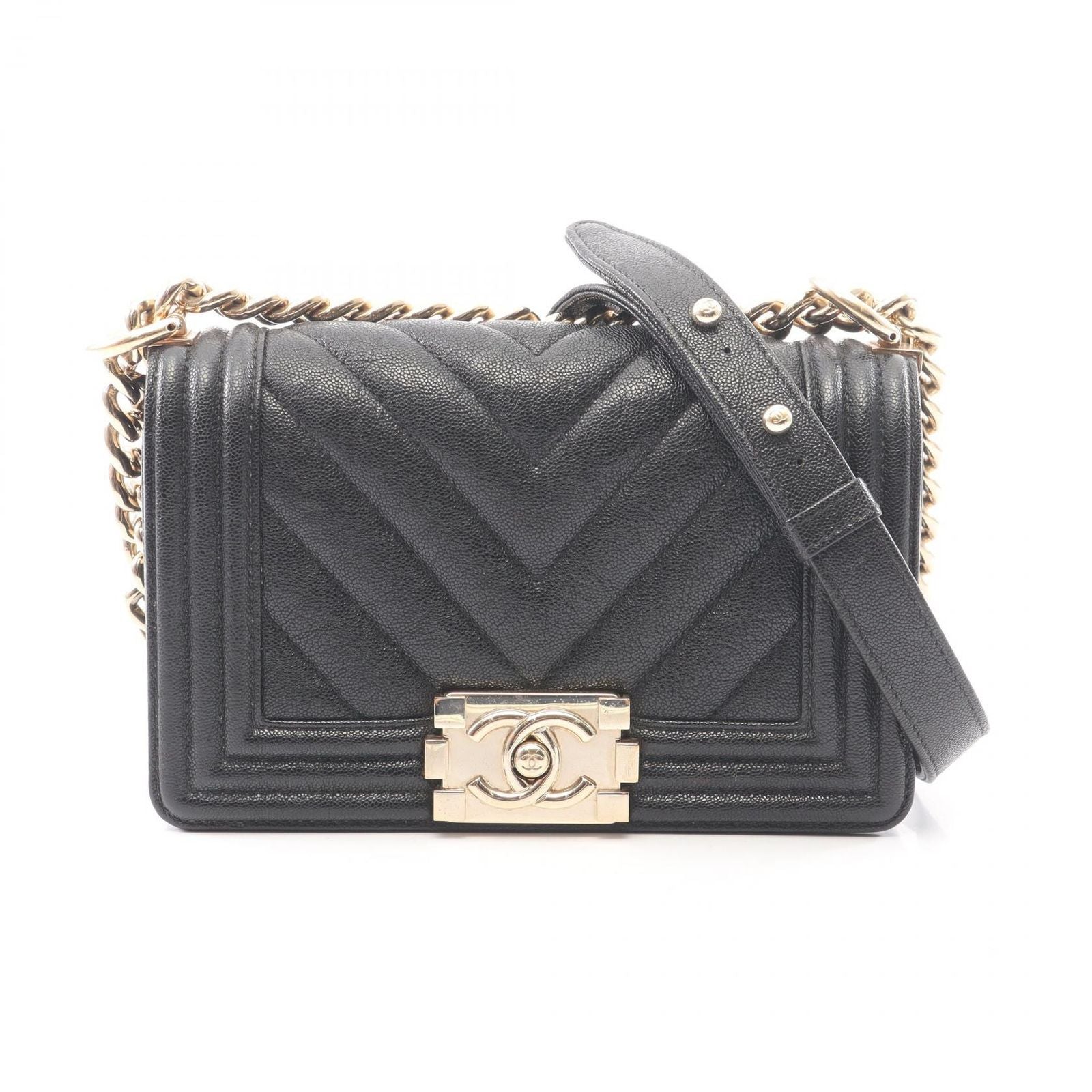 Chanel Shoulder Bag Boy Small Black Caviar Leather Boy Stitch Chain