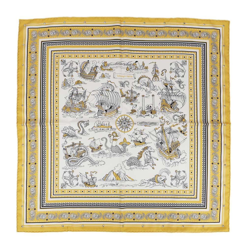 Hermes Heaven Carre 70 Cloete Sailor Tattoo Bandana Scarf Silk Yellow White