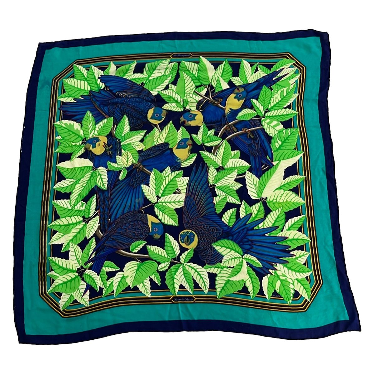 Hermes Shawl Carre 90 Navy Green les Perroquets Bird Leaf Pattern Cashmere Silk — view 4