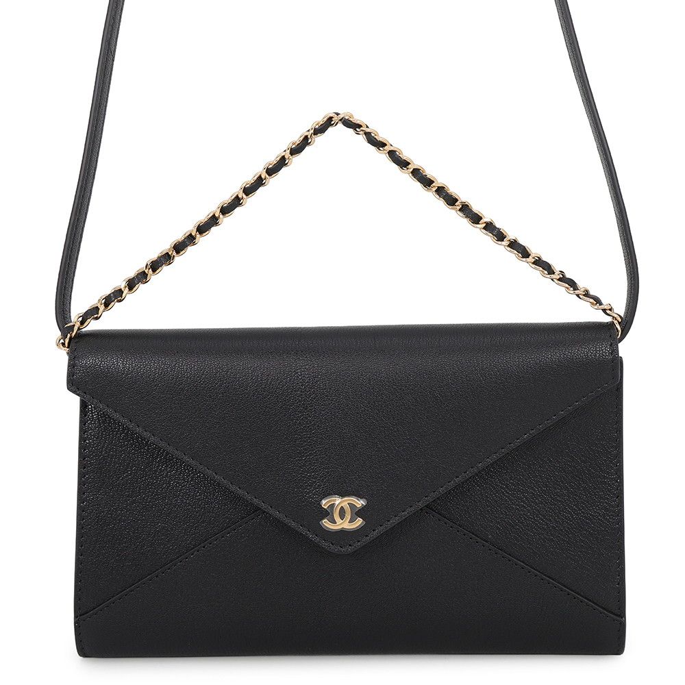 Chanel Chain Shoulder Bag Strap Clutch CC Logo Grained Goat Skin Black