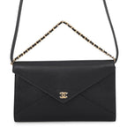 Chanel Chain Shoulder Bag Strap Clutch CC Logo Grained Goat Skin Black