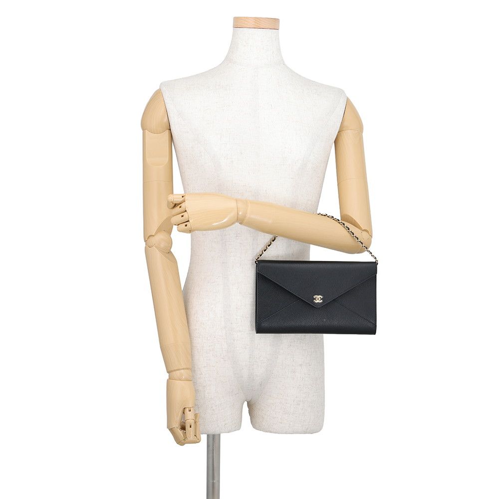 Chanel Chain Shoulder Bag Strap Clutch CC Logo Grained Goat Skin Black — view 4