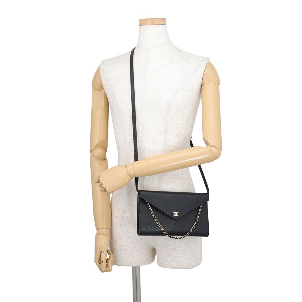 Chanel Chain Shoulder Bag Strap Clutch CC Logo Grained Goat Skin Black — view 5