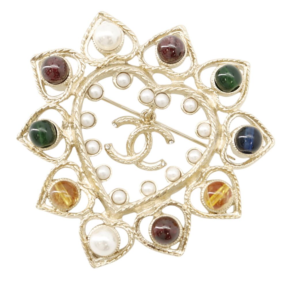 Chanel Brooch CC Logo Heart Rhinestone Faux Pearl Color Stone Metal