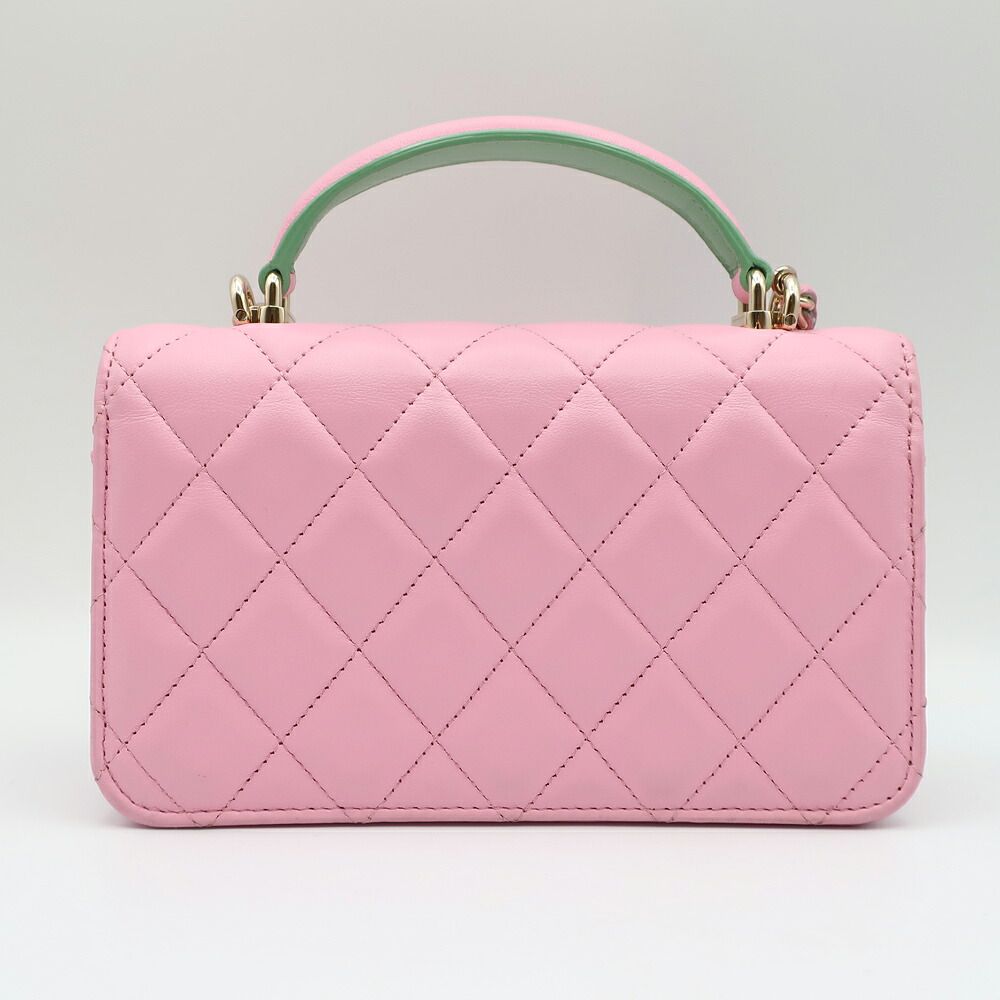 Chanel Ten Quilted Flap Phone Case Pink Green Gold Chain — view 2
