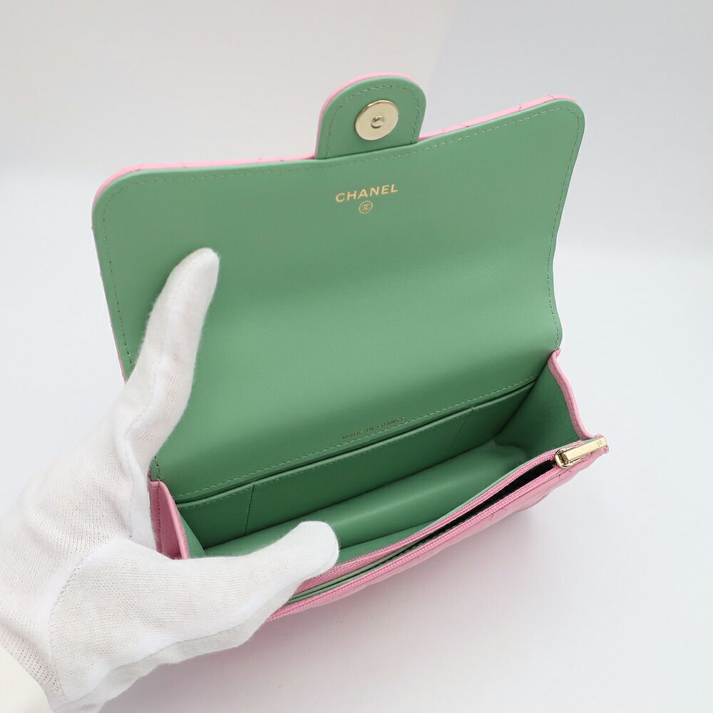 Chanel Ten Quilted Flap Phone Case Pink Green Gold Chain — view 5