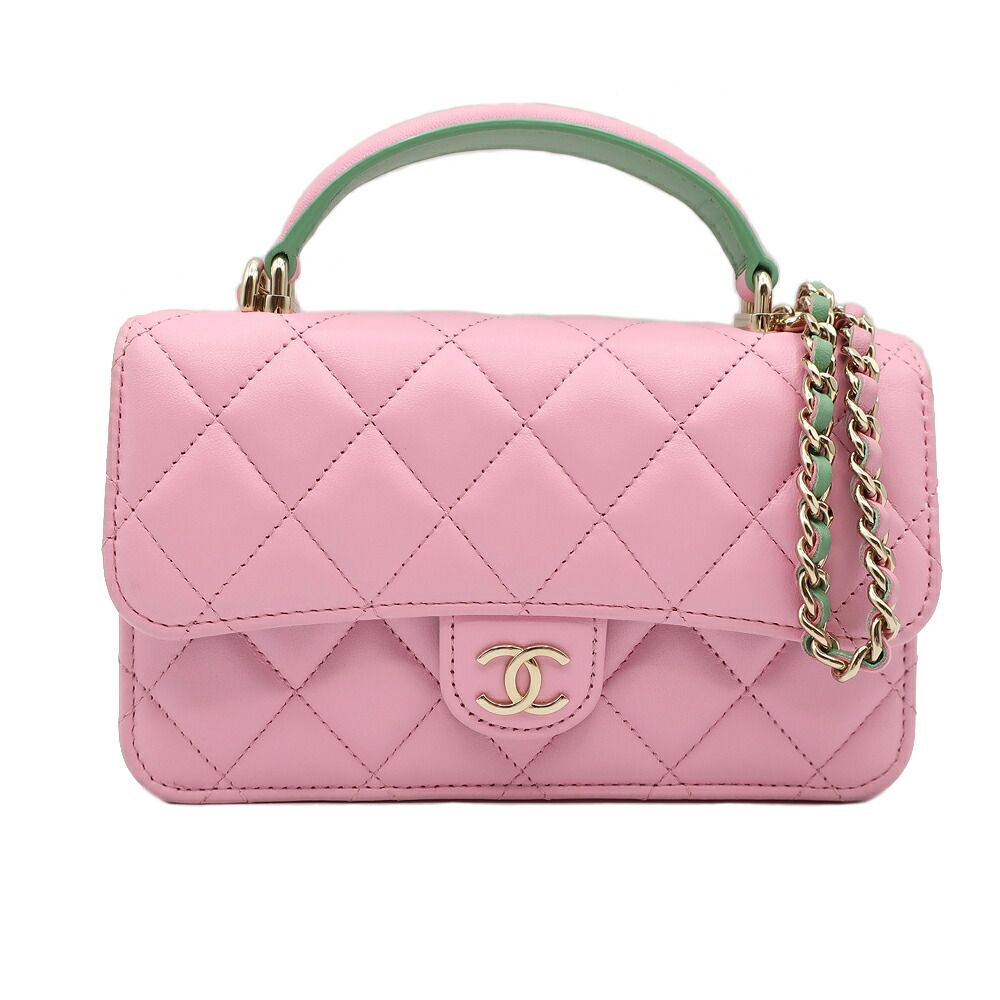 Chanel Ten Quilted Flap Phone Case Pink Green Gold Chain
